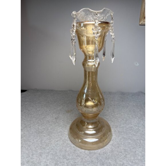 Vintage Amber Glass Candle Holder with Crystal Dangles 13.5" - Picture 3 of 15